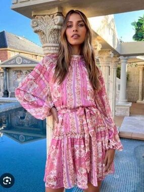 Sheike Pink Paisley-Striped Long Sleeve Tie-Waist Mini Dress